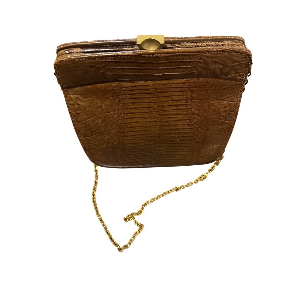 VTG Palizzio Brown Embossed Reptile Skin Leather Frame Purse with Chain